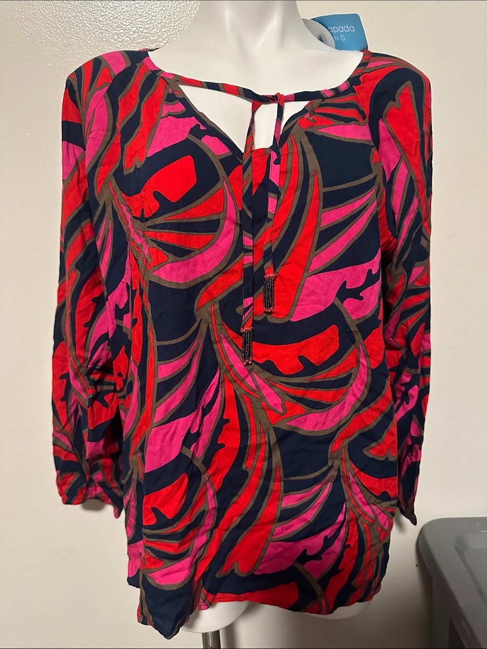 Tie-Front V-Neck Tunic in Red and Pink Abstract Print